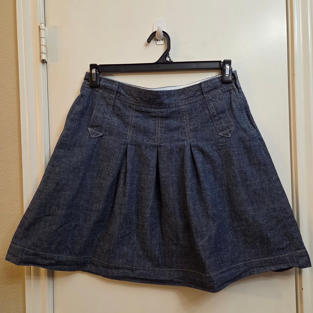 J.Crew Blue Cotton Pleated Denim Mini Skirt Dark Wash Side Zip Size 8 RN77388